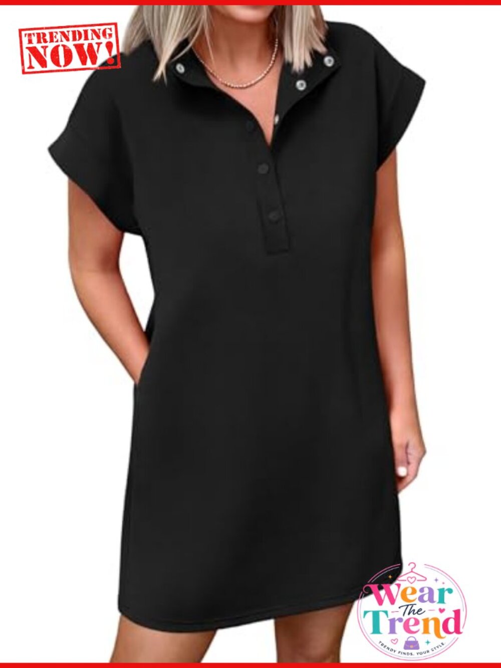 Women's Short Sleeve Henley Neck Mini Shift Tunic Dress Casual Beach
